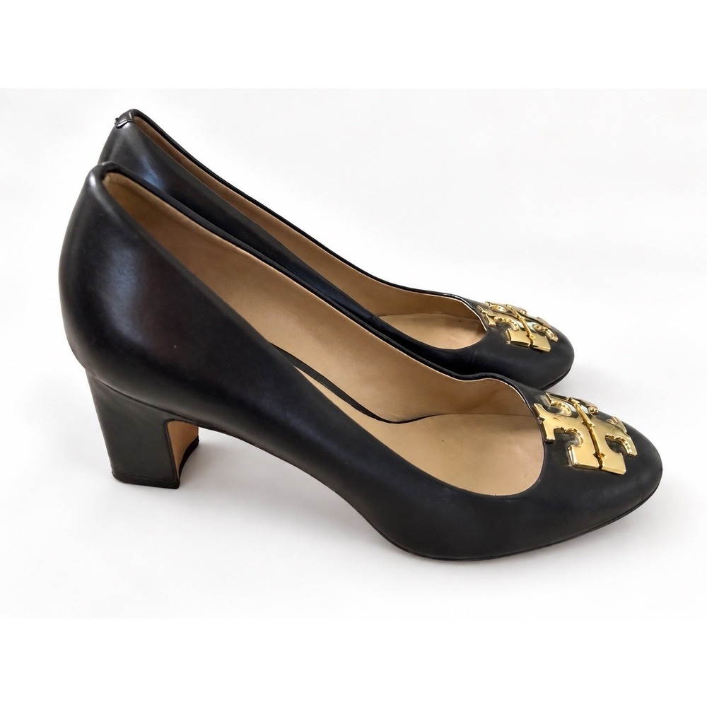 Tory Burch Reva Pumps Women 7.5M Black Good Gold Logo Block Heel Leather